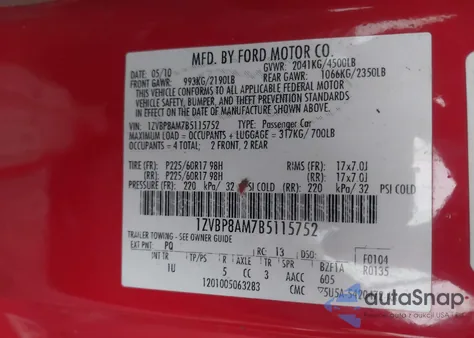 2011 Ford Mustang V6 from USA, damaged, VIN 1ZVBP8AM7B5115752